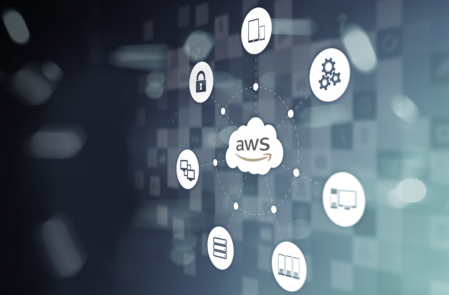 AWS icon in cloud surrounded by web icons