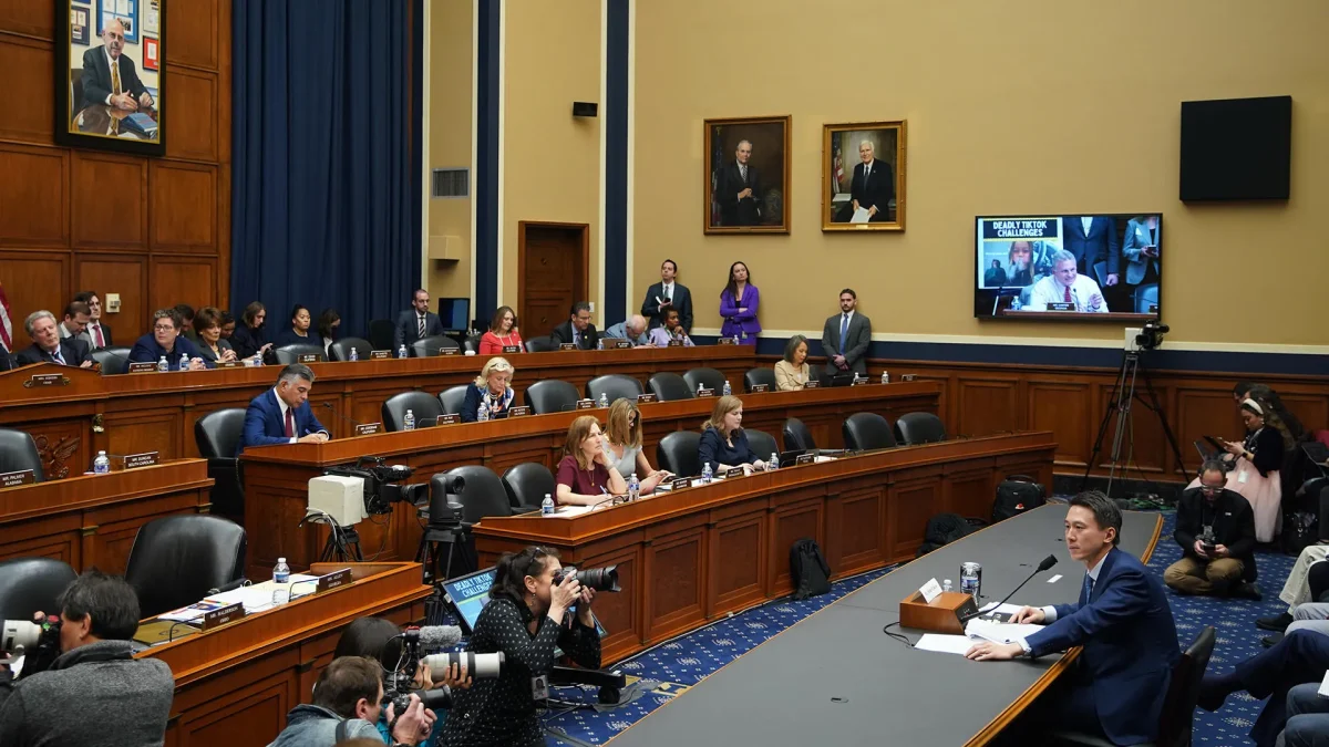 Shou Chew, chief executive officer of TikTok Inc., bottom right, during a House Energy and Commerce Committee hearing in Washington, DC, US, on Thursday, March 23, 2023.