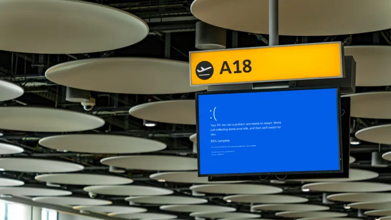 Windows 11 blue screen on an airport information board.