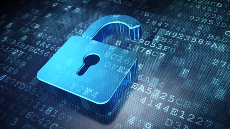 Opened padlock logo on alphanumeric background