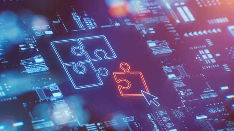 Graphs and bars on a screen including an incomplete puzzle with a cursor moving an orange puzzle piece
