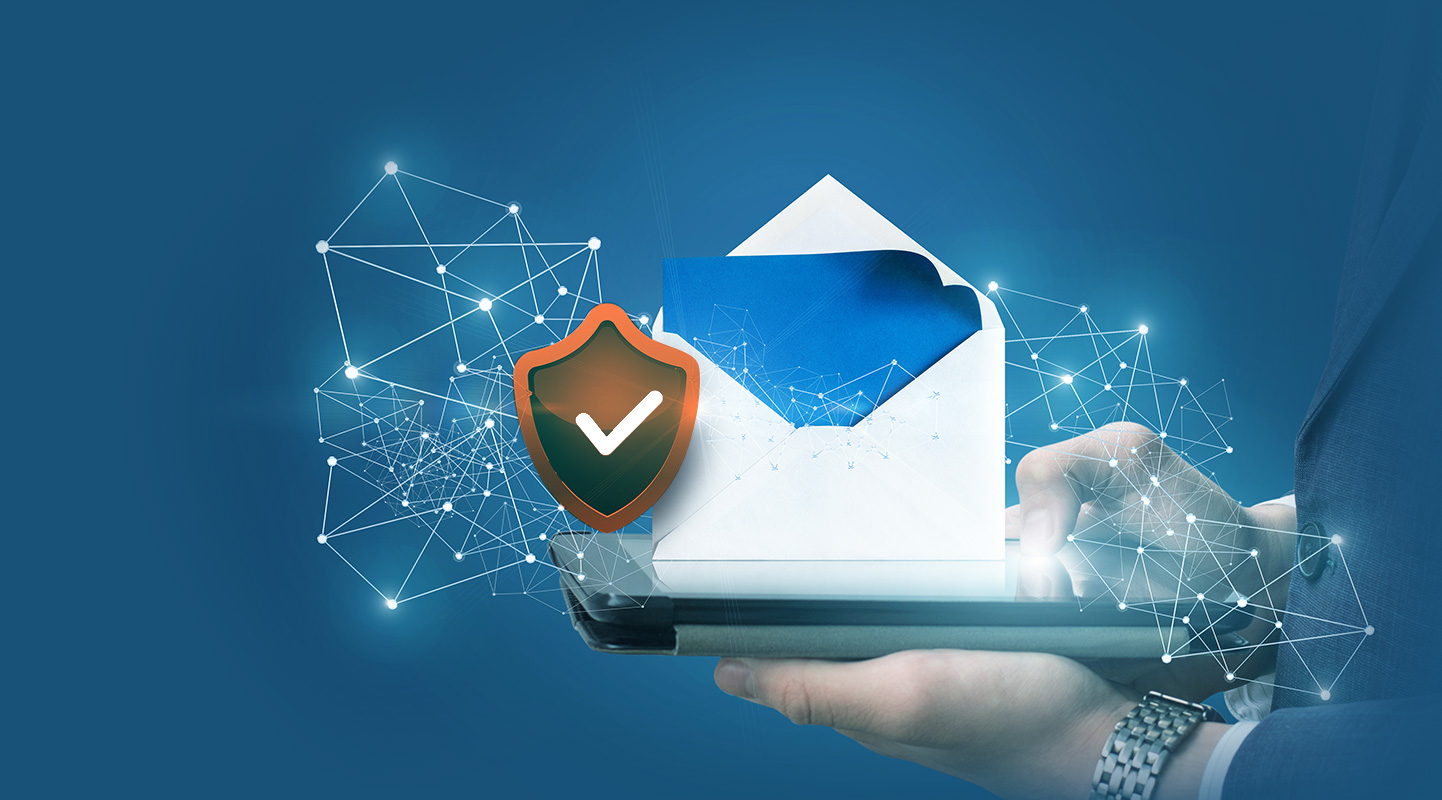 Businessman serving mail and security icon on laptop