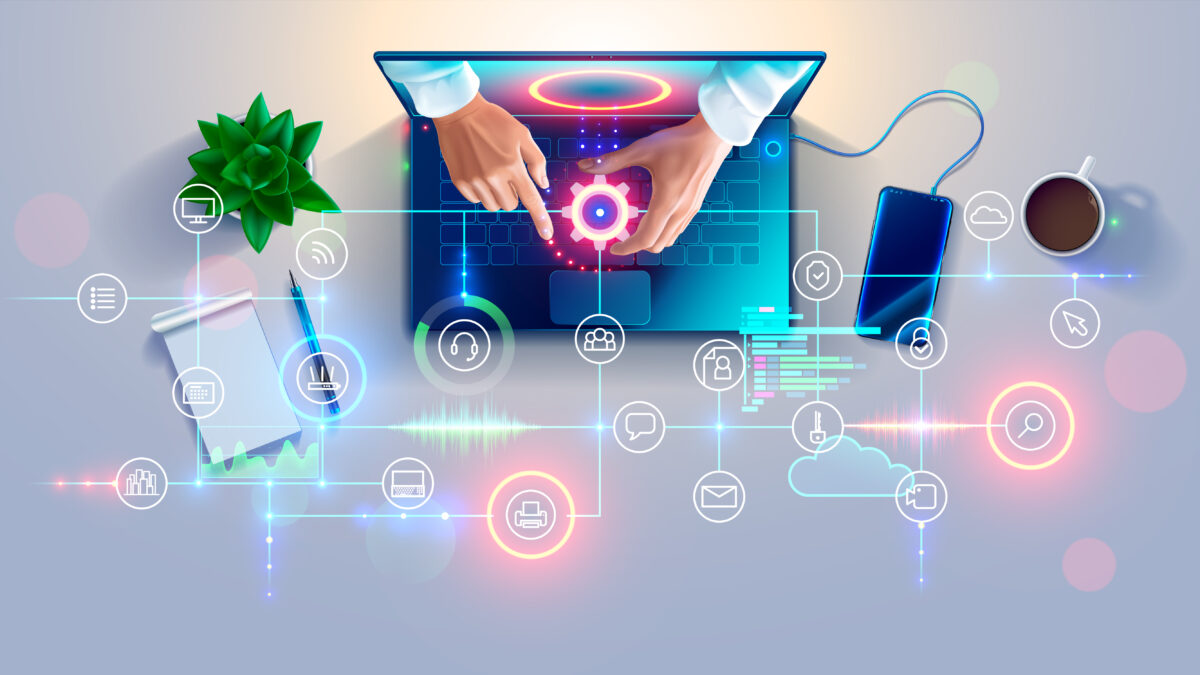 Illustration of a hands coming out of a laptop screen with holograms of various IT, computer, and security icons