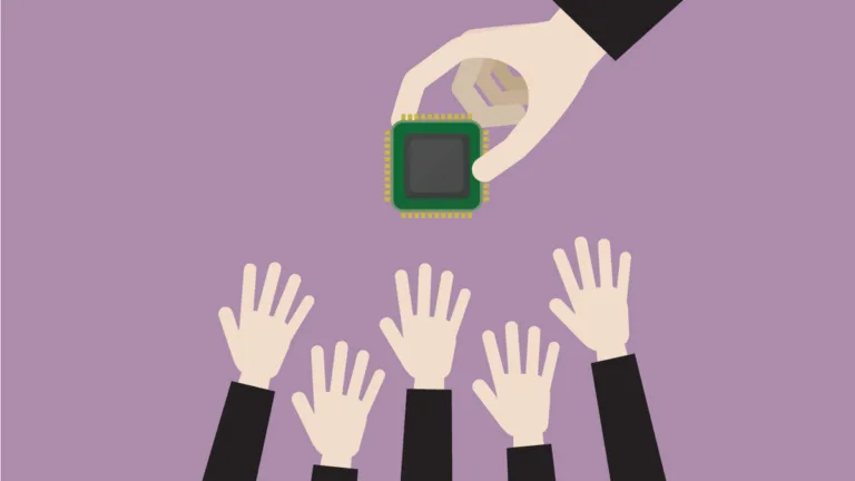Many hands reaching for only one chip